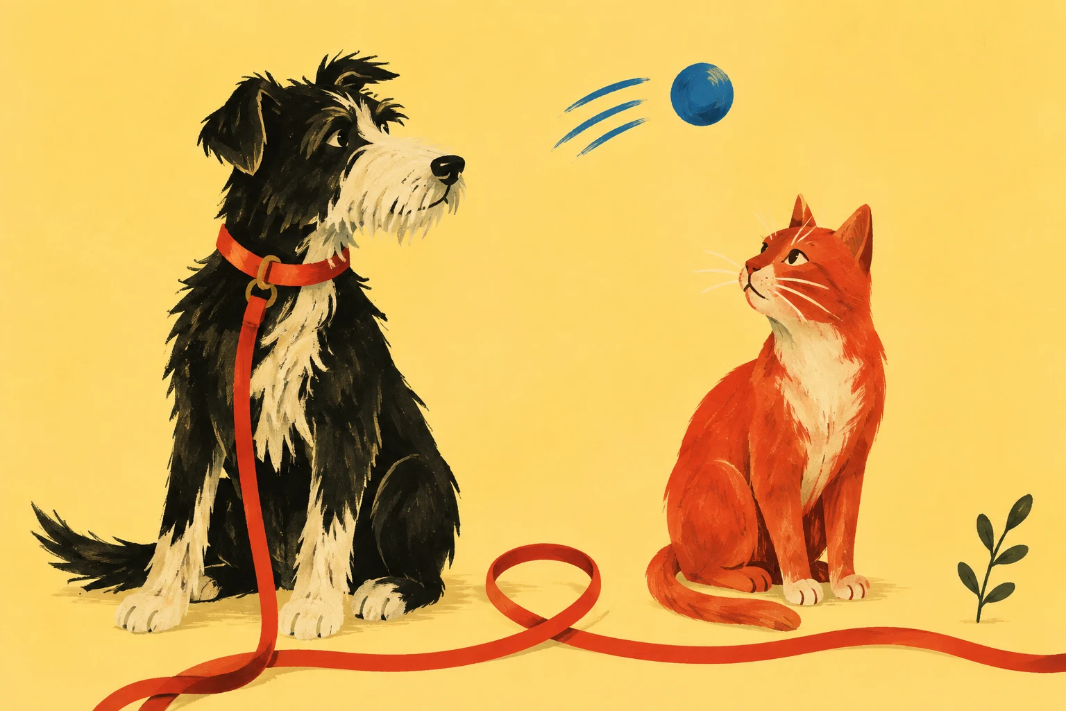A hand-painted scruffy terrier and an orange cat watch a blue ball, with a red leash looping across a sunny yellow background.